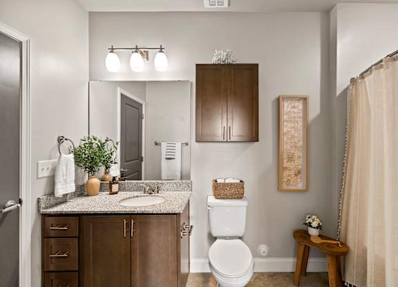 A bathroom with a white toilet, a sink, and a mirror.