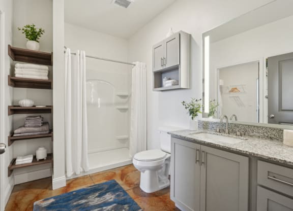 a bathroom with a shower and a sink and a toilet