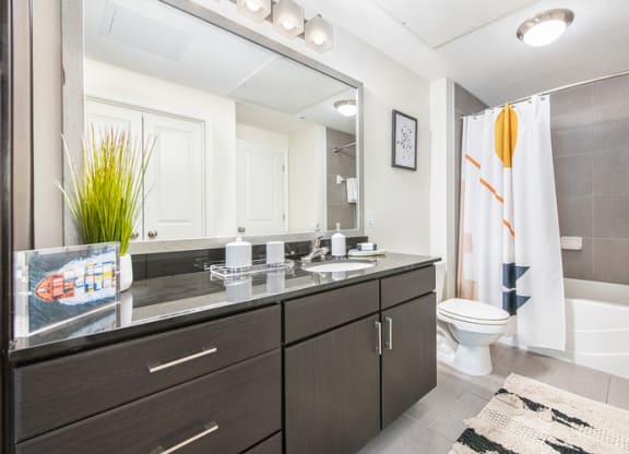 a bathroom with a large mirror and a toilet
