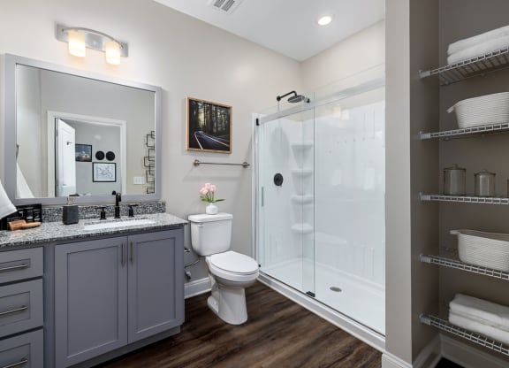 Large bathroom with brown wooden floors