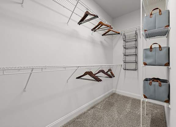 A walk-in closet with clothes hanging and bags on shelves.