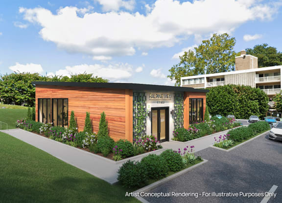 a conceptual rendering of a modular building with a garden