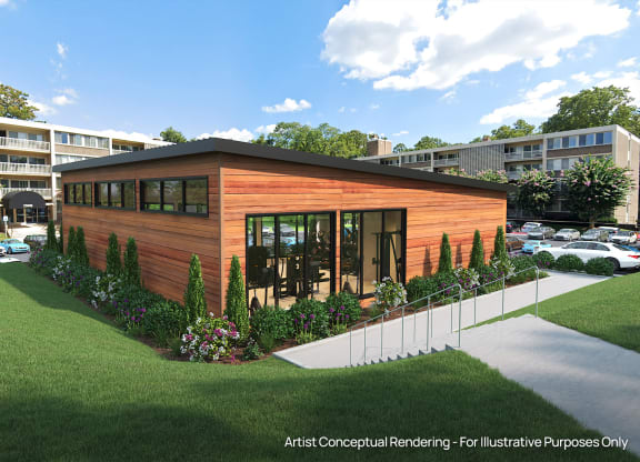 a rendering of the exterior of a building with landscaping and a sidewalk