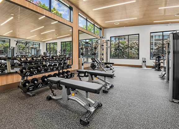 A gym with a variety of equipment including dumbbells, benches, and treadmills.
