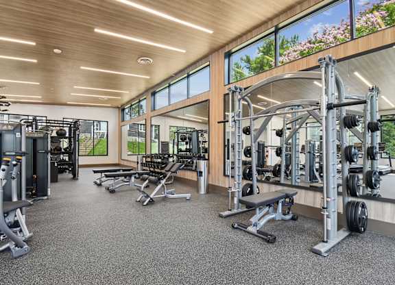 A spacious gym with a variety of equipment and a view of greenery outside the windows.