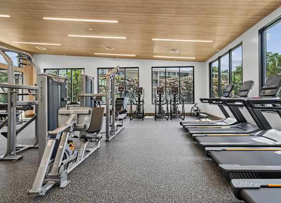 A gym with treadmills, weights, and exercise equipment.