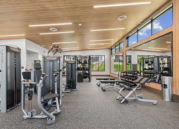 A gym with a variety of equipment including treadmills, weights, and exercise machines.