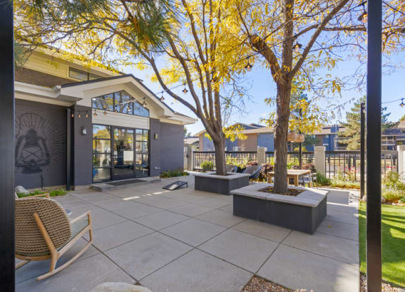 The Magwood commons courtyard with seating and trees
