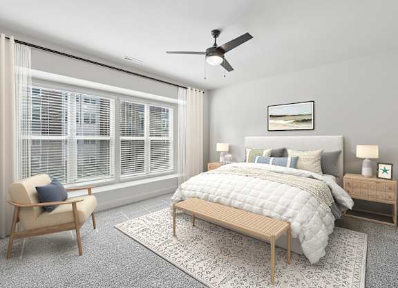 A bedroom with a bed, chair, and window.