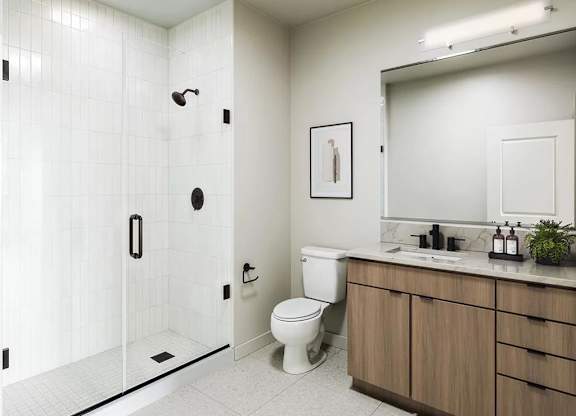 Modern bathroom with walk-in shower and wood vanity at Garden at 3Roots Apartments, San Diego