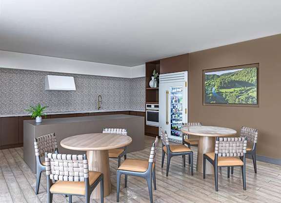 Open dining space with woven back chairs at Garden at 3Roots Apartments, San Diego, CA 92126