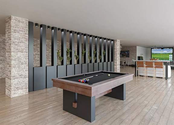 Game room with pool table and modern partition at Garden at 3Roots Apartments, San Diego, 92126