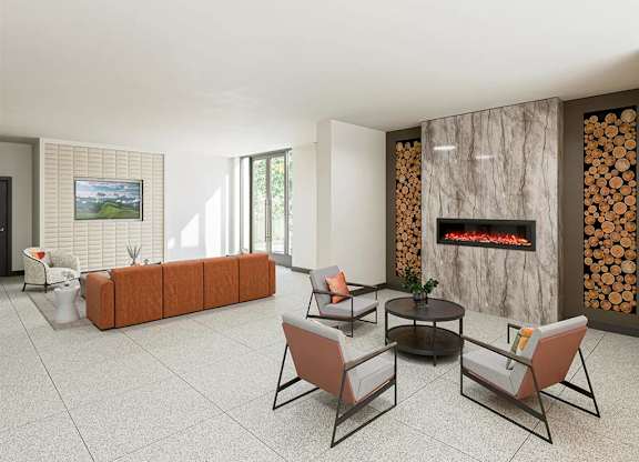 Spacious lobby with fireplace and decorative wood accents at Garden at 3Roots Apartments, California, 92126
