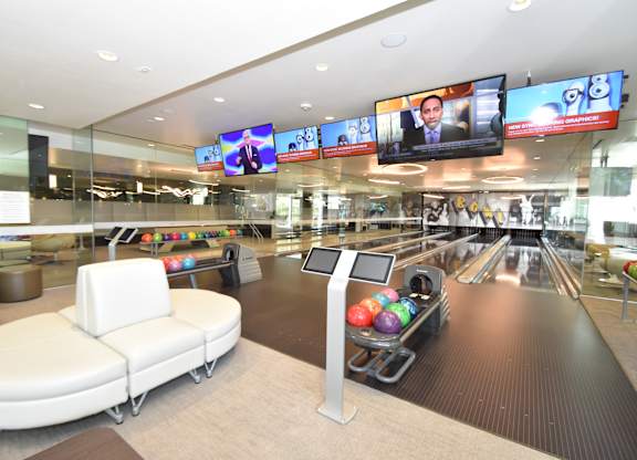 Bowling alley with scoring console and seating at 360 Luxury Apartments, San Diego, CA 92122