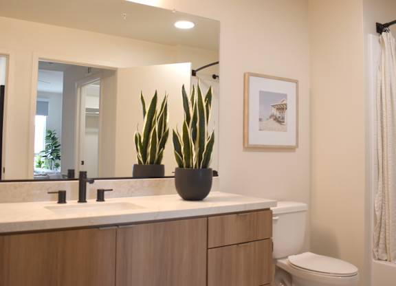 Modern bathroom with light wood vanity and plants at Garden at 3Roots Apartments, California