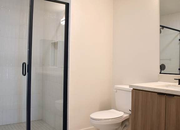 Bathroom with walk in shower and black framed glass at Garden at 3Roots Apartments, California