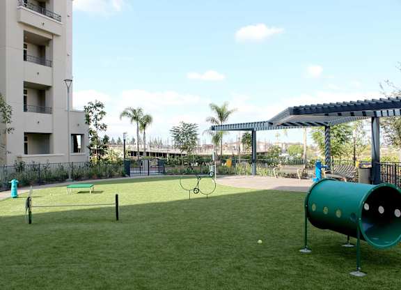 Pet play area with tunnel and shade structure at Casa Mira View Apartments, San Diego, 92126