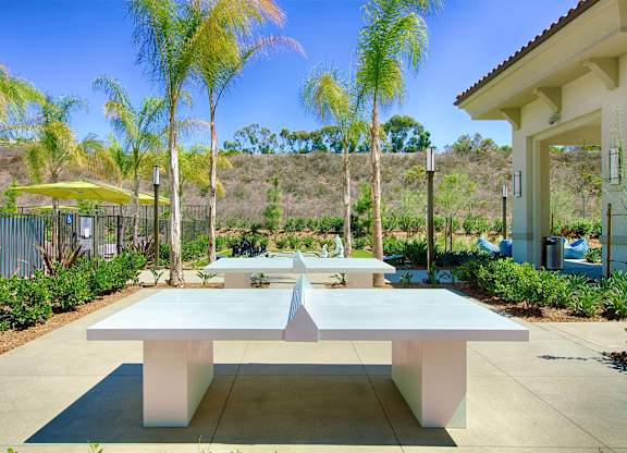 Outdoor ping pong tables with concrete benches at Casa Mira View Apartments, San Diego, CA 92126