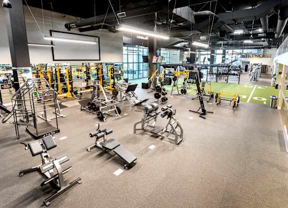 Fitness center with weightlifting equipment and turf area at Elements Apartments, Irvine, CA