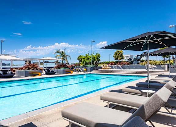 Rooftop swimming pool with lounge chairs and umbrellas at Elements Apartments, California, 92612