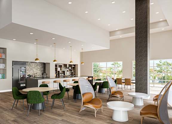 Community lounge with dining seating and modern kitchen at Elements Apartments, California, 92612