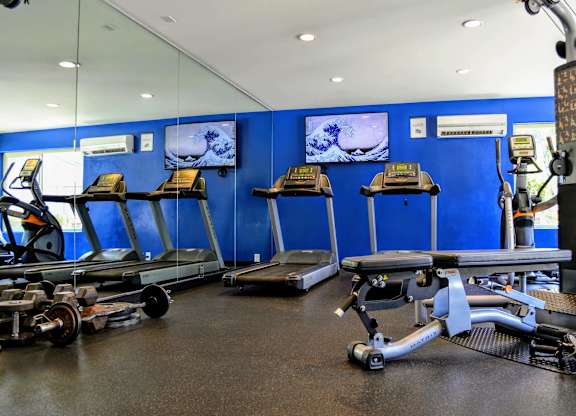 A gym with treadmills and exercise equipment.at La Jolla Canyon Apartments, San Diego