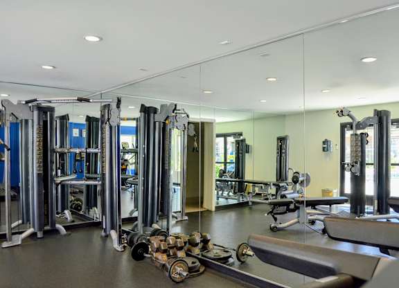 A gym with a variety of equipment including treadmills, weights, and exercise machines.at La Jolla Canyon Apartments, San Diego