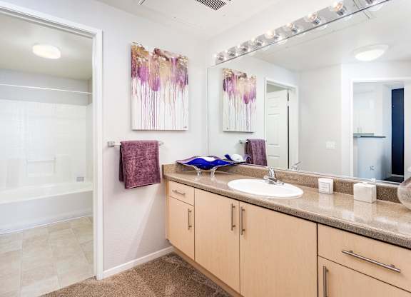 Bathroom vanity with large mirror and soaking tub at La Jolla Crossroads Apartments, San Diego