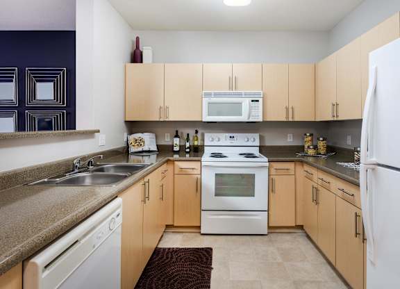 Modern kitchen with stainless steel sink and appliances at La Jolla Crossroads Apartments, California