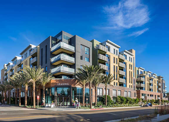 Leasing office entrance with palm trees and balconies at Metropolis Apartments, IRVINE, CA