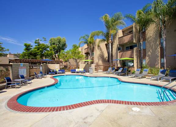 A large swimming pool surrounded by palm trees and lounge chairs.at Pacific Bay Club Apartments, San Diego California