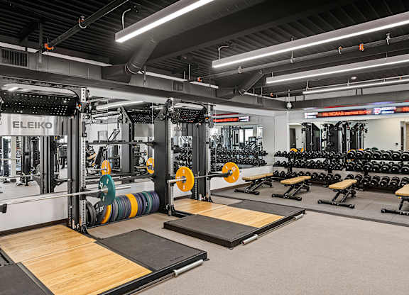 A gym with a variety of equipment including weightlifting platforms and dumbbells.