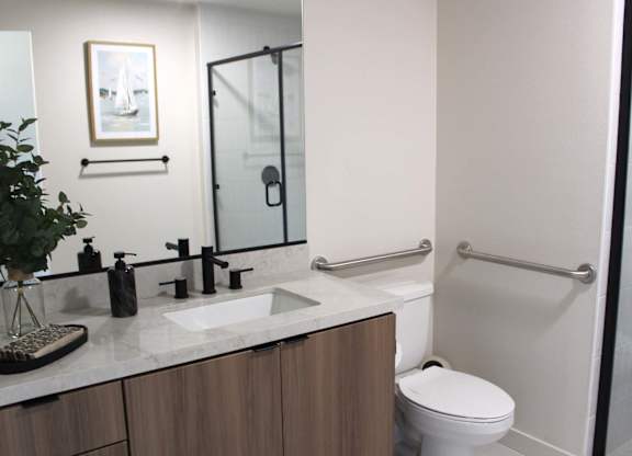 Accessible bathroom with grab bars and glass shower at Garden at 3Roots Apartments, San Diego, California