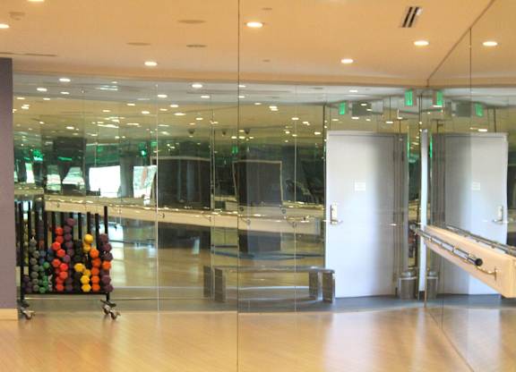 Fitness studio with mirrored walls and equipment storage at Torrey Gardens Apartments, San Diego, CA