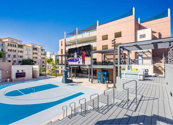 Rooftop basketball court with viewing deck and lounge at 360 Luxury Apartments, California, 92122