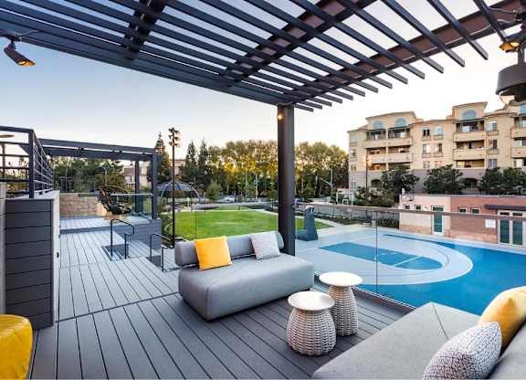 Rooftop terrace with pergola overlooking sports court at 360 Luxury Apartments, San Diego, CA 92122