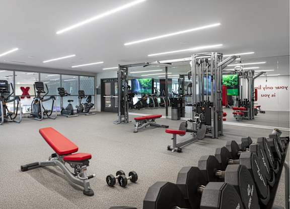 Fitness center with cardio and weight equipment at LUX by Garden* Apartments, California, 92122