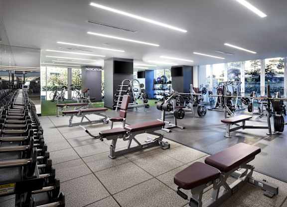 Fitness center with free weights at LUX by Garden* Apartments, San Diego