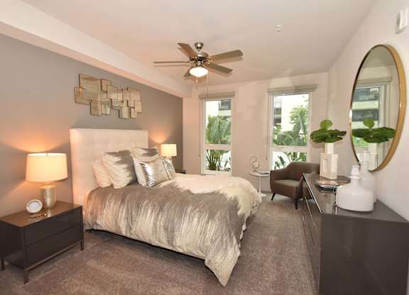 Bedroom With Ceiling Fan at Metropolis Apartments, IRVINE, California
