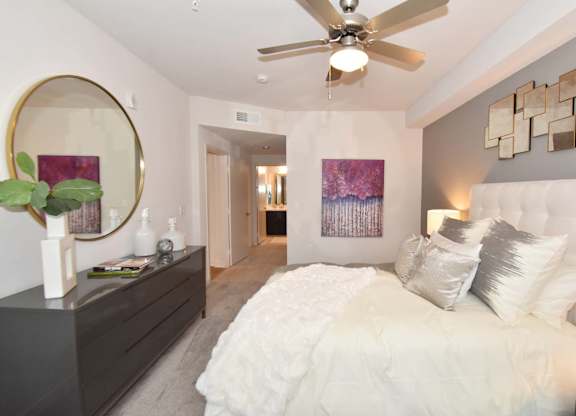 Bedroom With Ceiling Fan at Metropolis Apartments, IRVINE, CA