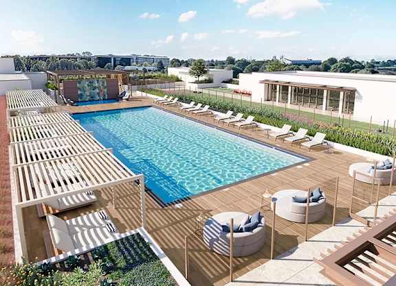 Rooftop swimming pool with lounge chairs and pergola at Garden at 3Roots Apartments, California