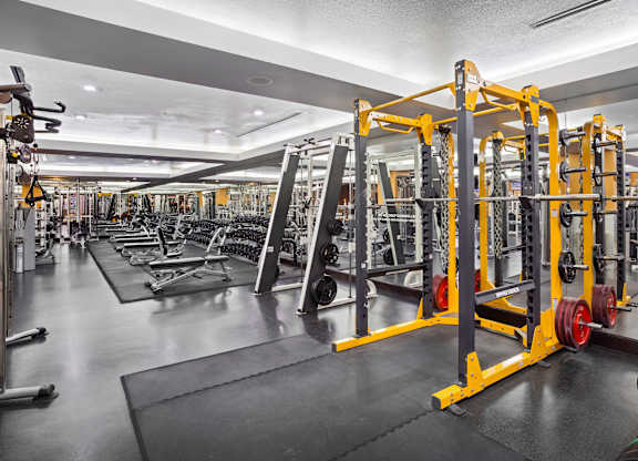 Spacious fitness center with power racks and equipment at Costa Verde Village Apartments, San Diego, California