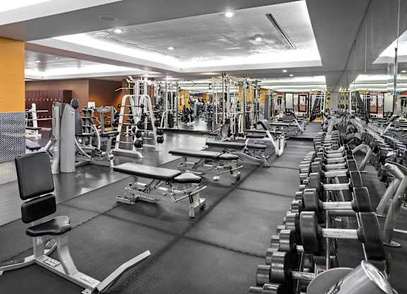 Weight room with free weights and benches at Costa Verde Village Apartments, San Diego