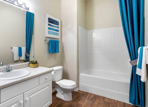 Bathroom with tub shower combo and blue accents at Costa Verde Village Apartments, San Diego, CA