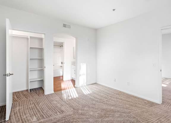 Empty bedroom with walk-in closet and carpeting at Costa Verde Village Apartments, San Diego, California