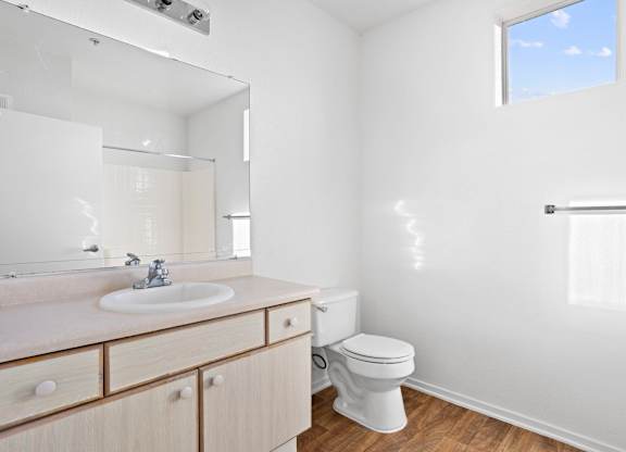 Bathroom with woodstyle flooring and white vanity at Costa Verde Village Apartments, San Diego, 92122