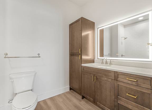 A white toilet sits next to a wooden medicine cabinet and vanity.