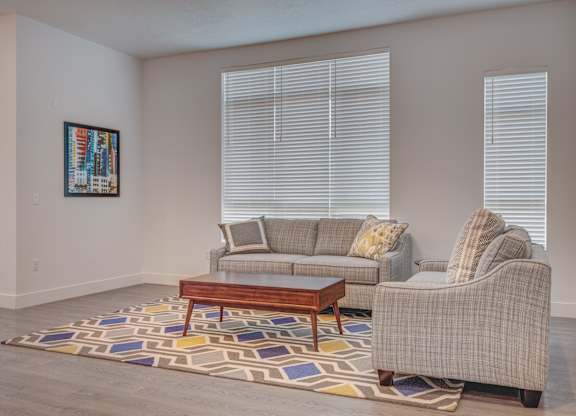 A living room with a couch, chair, and a colorful rug.