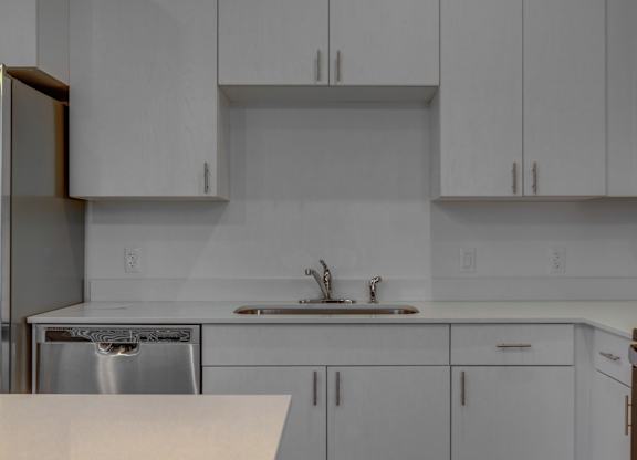 A kitchen with white cabinets and a stainless steel dishwasher.