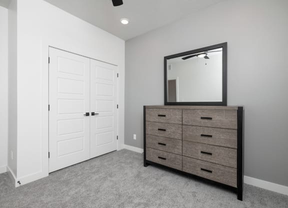 a bedroom with a dresser with a mirror and a closet